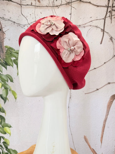 Embellished Cotton Beret - Medium/Large, Muted Burgundy