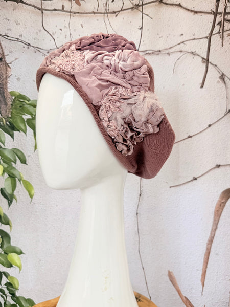 Embellished Cotton Beret - Medium/Large, Mauve