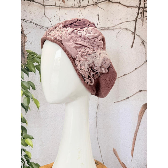 Embellished Cotton Beret - Medium/Large, Mauve-Beret-The Little Tichel Lady