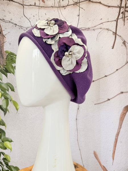 Embellished Cotton Beret - Medium/Large, Purple