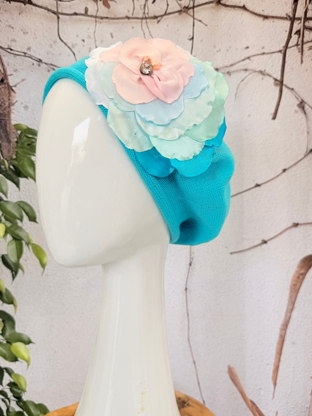 Embellished Cotton Beret - Medium/Large, Turquoise