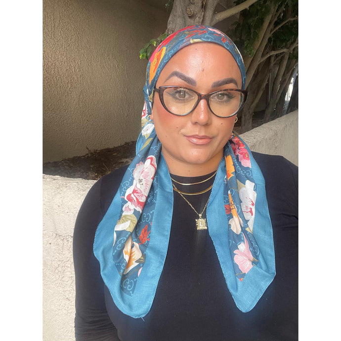 Luxe Inspired G Print Floral Square Tichels - Teal-Squares-The Little Tichel Lady