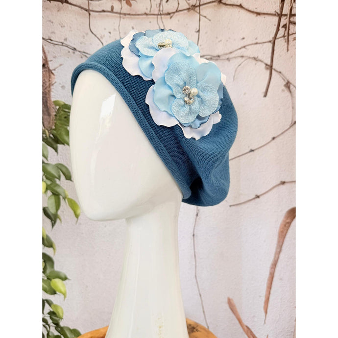 Embellished Cotton Beret - Medium/Large, Teal Blue-Beret-The Little Tichel Lady