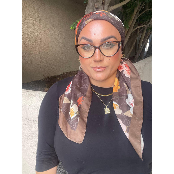 Luxe Inspired G Print Floral Square Tichels - Dark Olive/Brown-Squares-The Little Tichel Lady