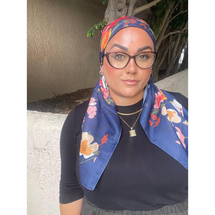 Luxe Inspired G Print Floral Square Tichels - Navy-Squares-The Little Tichel Lady