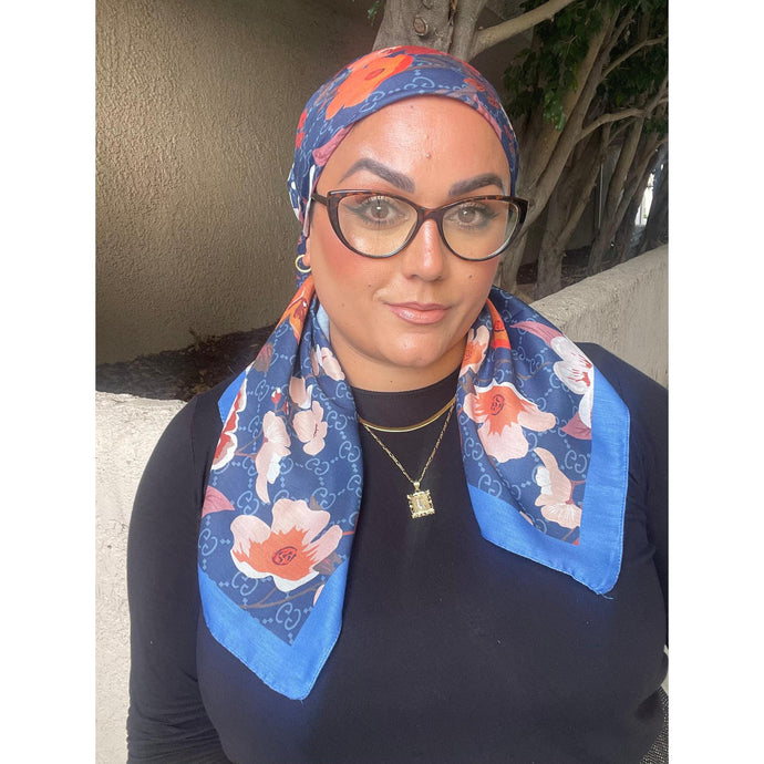 Luxe Inspired G Print Floral Square Tichels - Indigo/Blue-Squares-The Little Tichel Lady