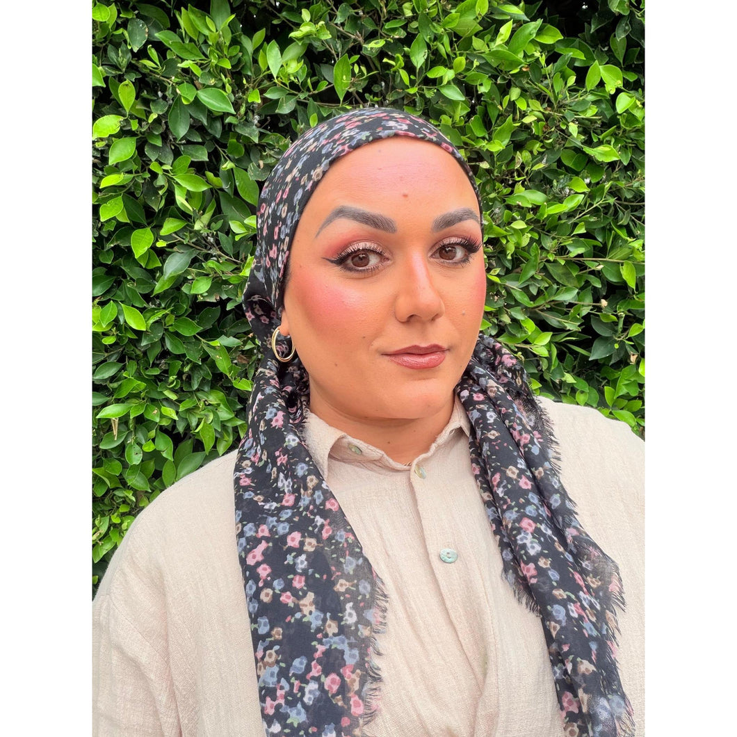 Garden Bloom Cotton Square Tichel - Black/Pink-Squares-The Little Tichel Lady