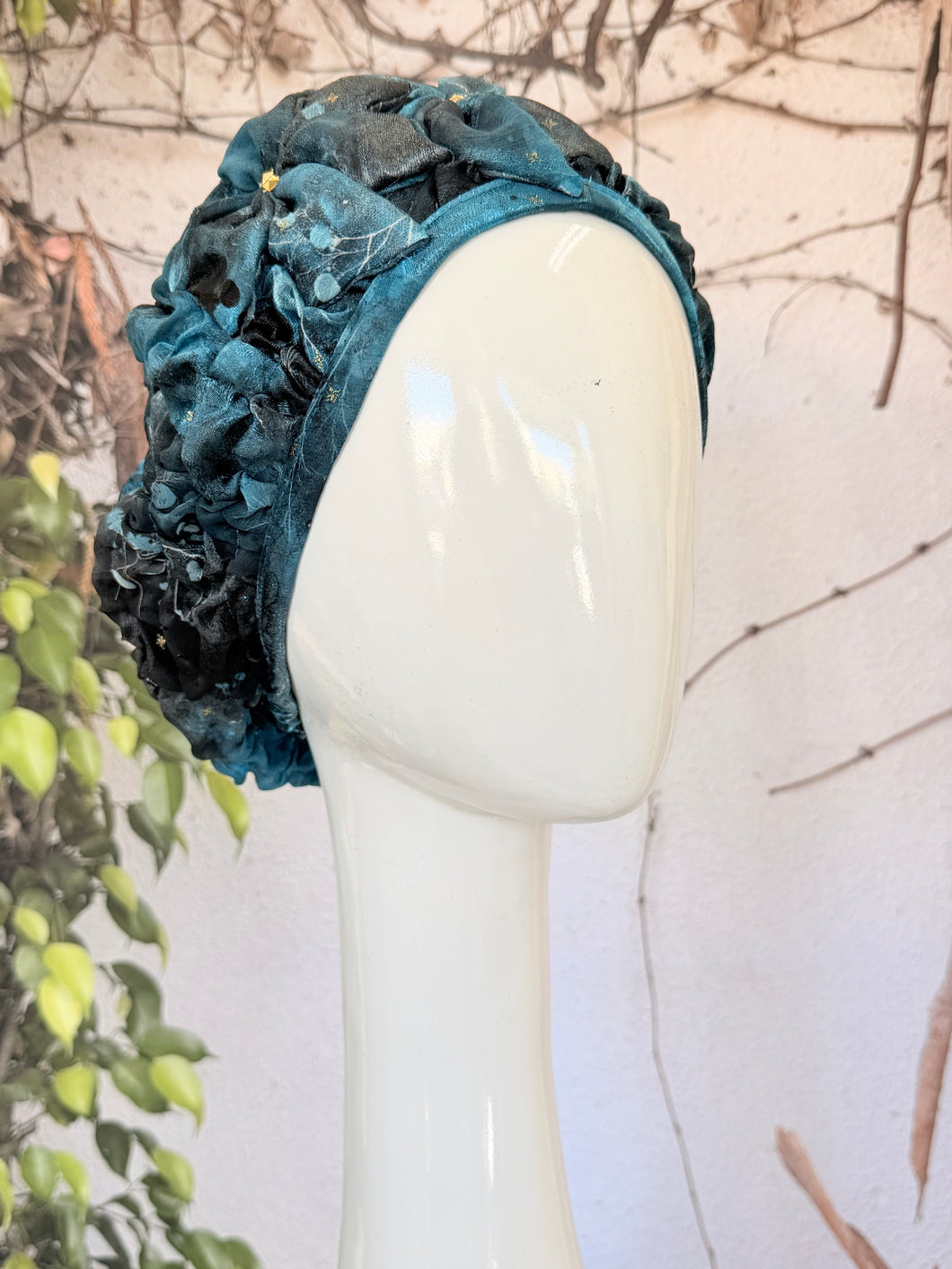 Embellished Hat - Size #1 Turquoise Textured Print