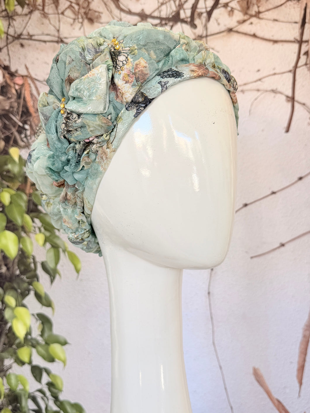 Embellished Hat - Size #1 Aqua Textured Print