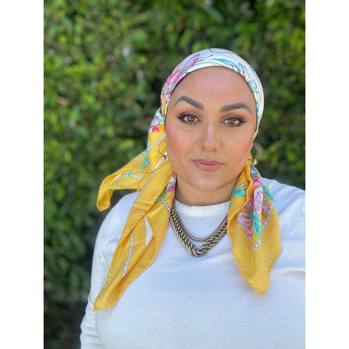 Dior Authentic Designer Headscarf, Yellow Birdcage