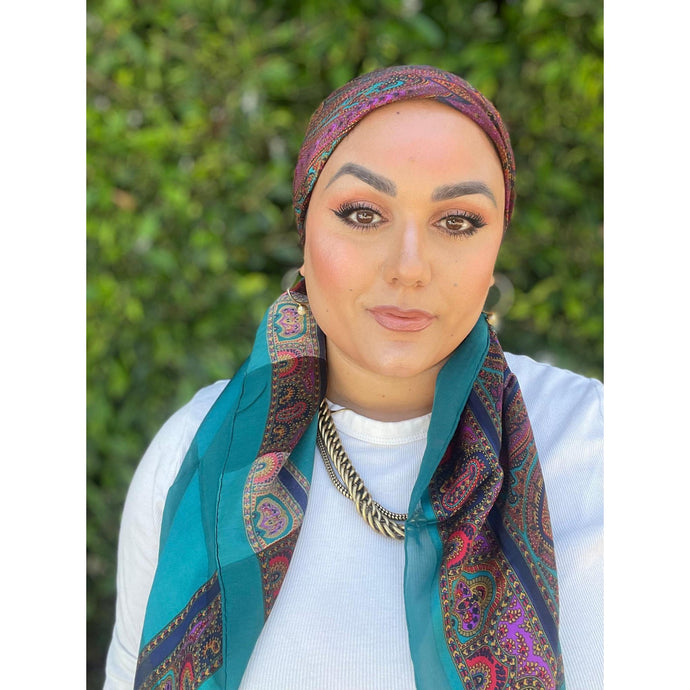 YSL Authentic Designer Headscarf, Turquoise Paisley-Designer headscarf-The Little Tichel Lady