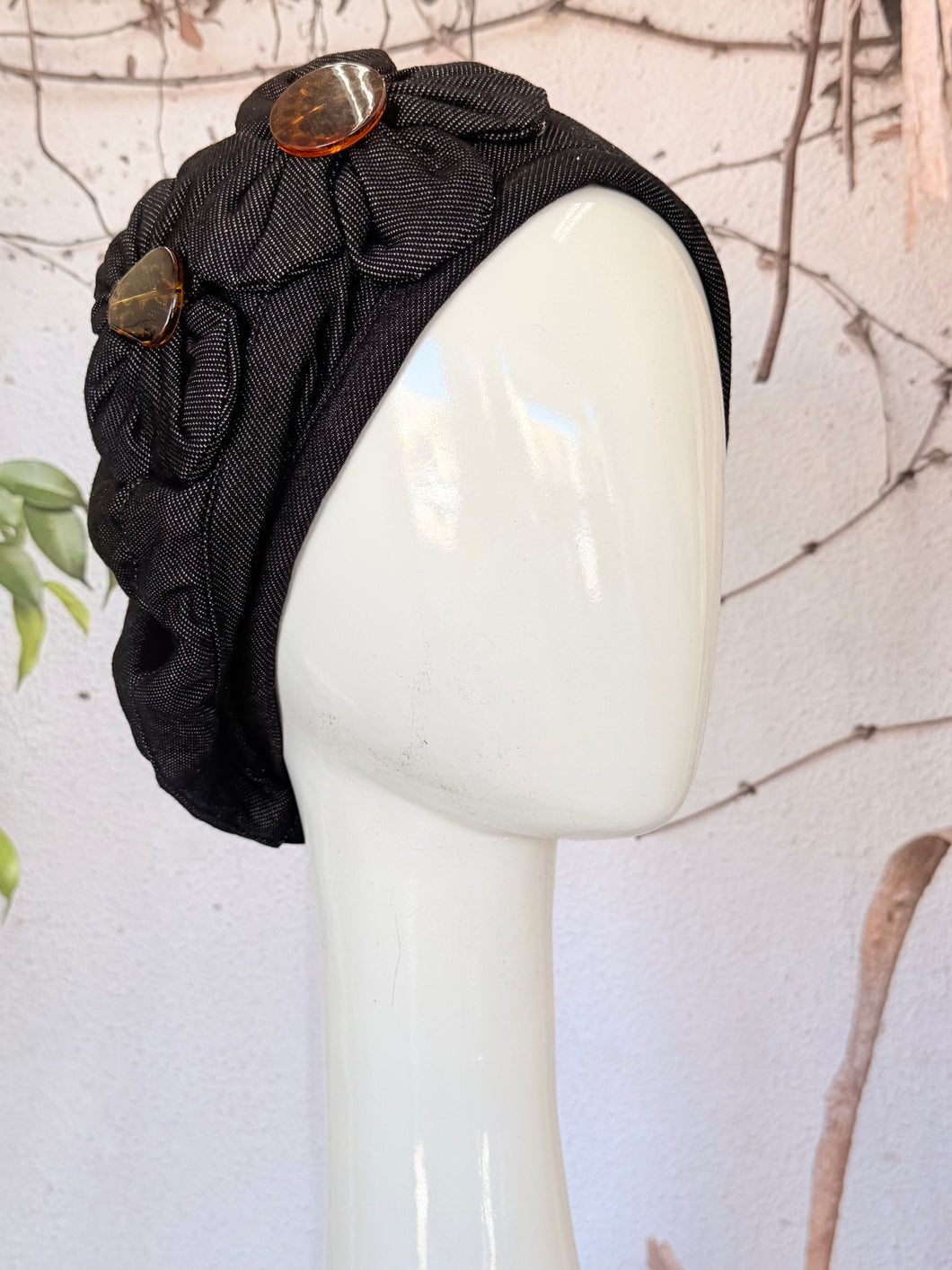 Embellished Hat - Size #2 Black Faux Denim