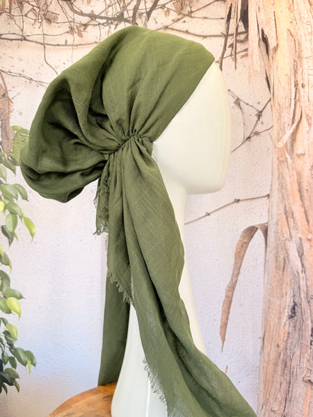 Turkish Cotton Textured NON-SLIP Pretied w/ Long Tails - Olive Green-pretieds-The Little Tichel Lady