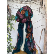 Turkish Cotton Textured Print Pretied w/ Long Tails - Falling Leaves, Teal-pretieds-The Little Tichel Lady