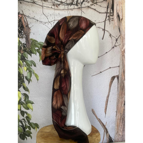 Turkish Cotton Textured Print Pretied w/ Long Tails - Falling Leaves, Brown-pretieds-The Little Tichel Lady