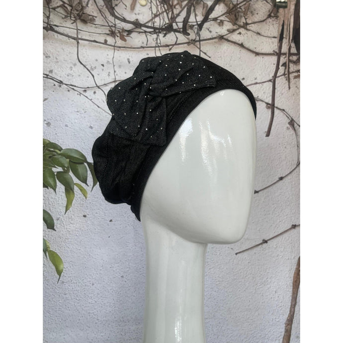 Embellished Hat - Size #1 Black Studded Bow Denim-Hat-The Little Tichel Lady