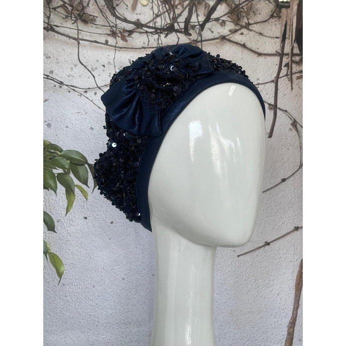 Embellished Hat - Size #1 Navy Crocheted Bow-Hat-The Little Tichel Lady