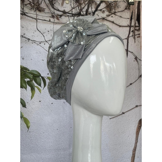 Embellished Hat - Size #1 Silver Sequins Bow-Hat-The Little Tichel Lady