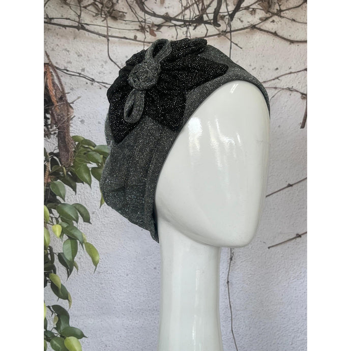 Embellished Hat - Size #2 Silver/Black Shimmer Flower-Hat-The Little Tichel Lady