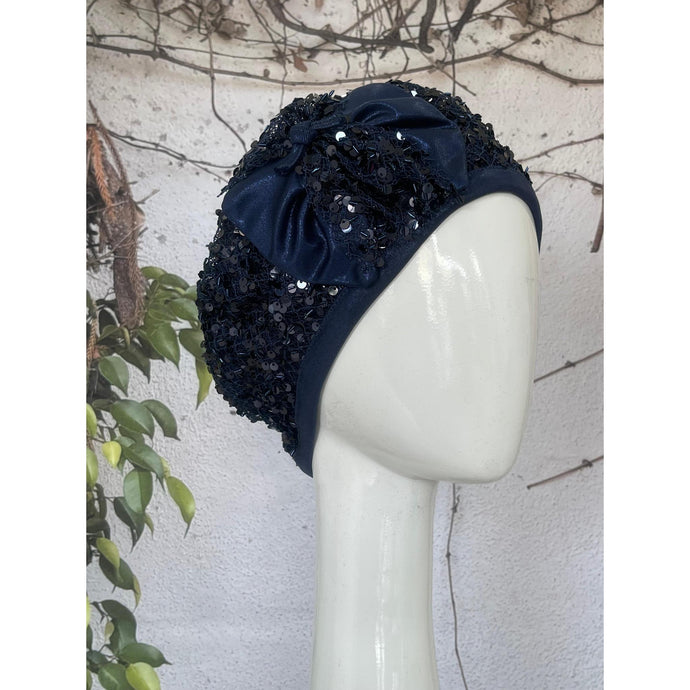 Embellished Hat - Size #2 Navy Crocheted Sequins Bow-Hat-The Little Tichel Lady