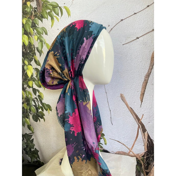 Turkish Cotton Pretied w/ Long Tails - Splatter Print, Teal/Pink-pretieds-The Little Tichel Lady