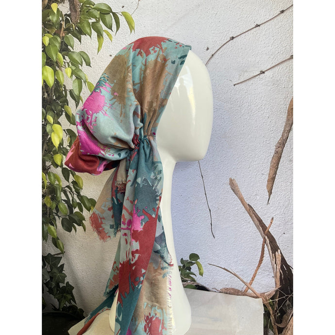 Turkish Cotton Pretied w/ Long Tails - Splatter Print, Aqua/Berry-pretieds-The Little Tichel Lady