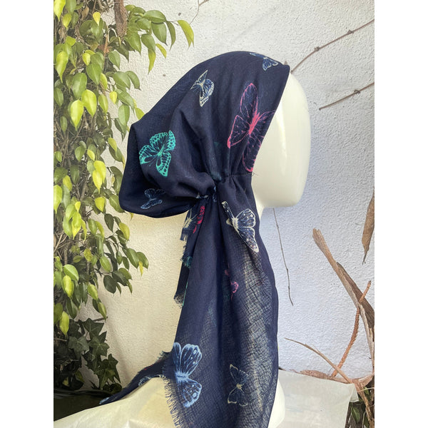 Pretied Textured Turkish Cotton w/ Long Tails - Butterfly Print, Navy/Multi-pretieds-The Little Tichel Lady