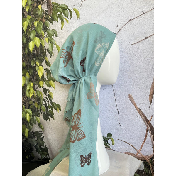 Pretied Textured Turkish Cotton w/ Long Tails - Butterfly Print, Aqua/Neutral-pretieds-The Little Tichel Lady