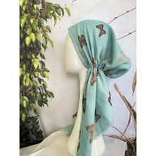 Pretied Textured Turkish Cotton w/ Long Tails - Butterfly Print, Aqua/Neutral-pretieds-The Little Tichel Lady