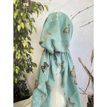 Pretied Textured Turkish Cotton w/ Long Tails - Butterfly Print, Aqua/Neutral-pretieds-The Little Tichel Lady