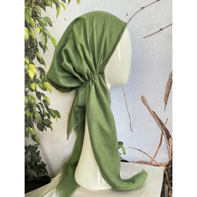 Pretied Turkish Cotton Textured Tichel w/ Long Tails - Moss Green, XL Circumference-pretieds-The Little Tichel Lady