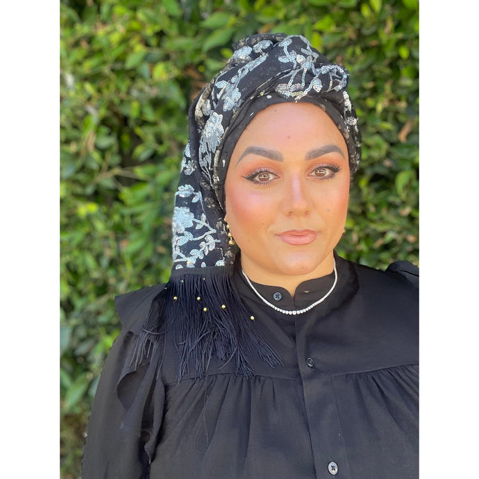 Luxe Sequins & Floral Headwrap - Black/Silver-Long Wrap-The Little Tichel Lady