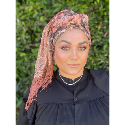 Exquisite Sequins & Floral Headwrap - Black/Rose Gold-Long Wrap-The Little Tichel Lady