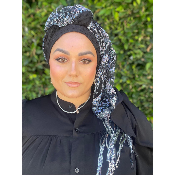 Luxe Textured & Sequins Headwrap - Black & Blue/Silver-Long Wrap-The Little Tichel Lady