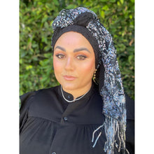 Luxe Textured & Sequins Headwrap - Black & Blue/Silver-Long Wrap-The Little Tichel Lady