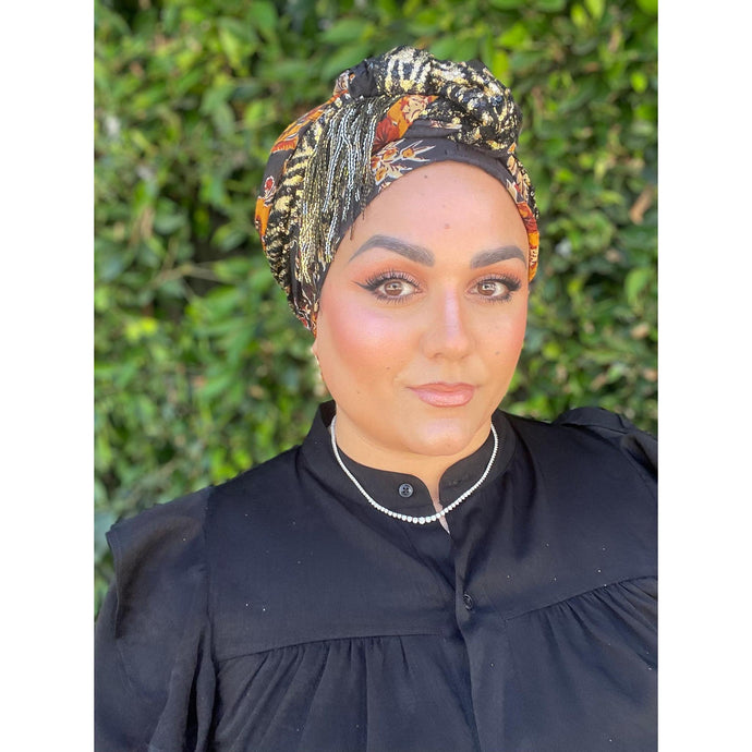 Luxe Sequins & Floral Headwrap - Black/Rust Floral-Long Wrap-The Little Tichel Lady