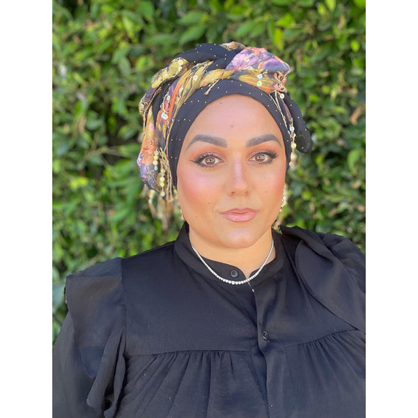 Exquisite Floral & Sequins Headwrap - Navy/Multi-Long Wrap-The Little Tichel Lady