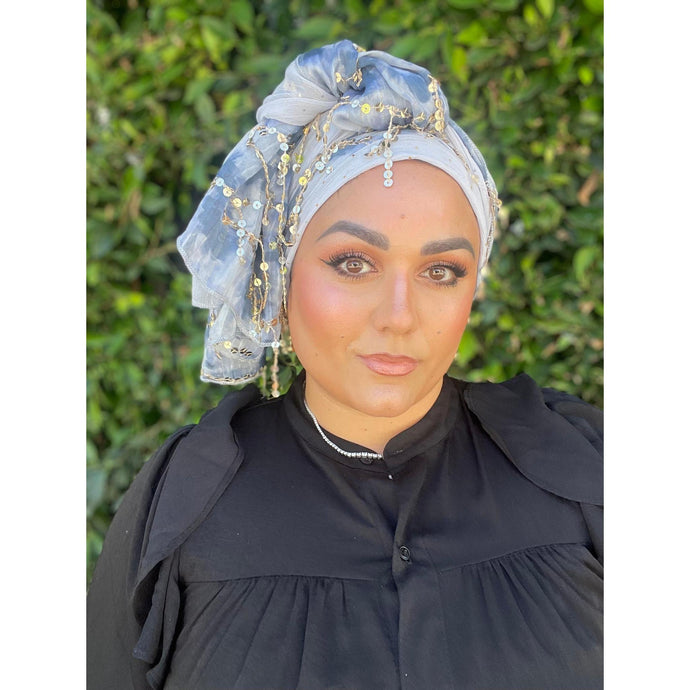 Exquisite Sequins Headwrap - Sky Blue-Long Wrap-The Little Tichel Lady