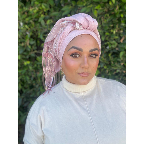 Exquisite Sequins & Floral Headwrap - Pink-Long Wrap-The Little Tichel Lady