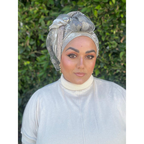Exquisite Sequins & Floral Headwrap - Stone/Silver-Long Wrap-The Little Tichel Lady
