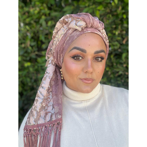 Exquisite Sequins & Floral Headwrap - Antique Pink-Long Wrap-The Little Tichel Lady