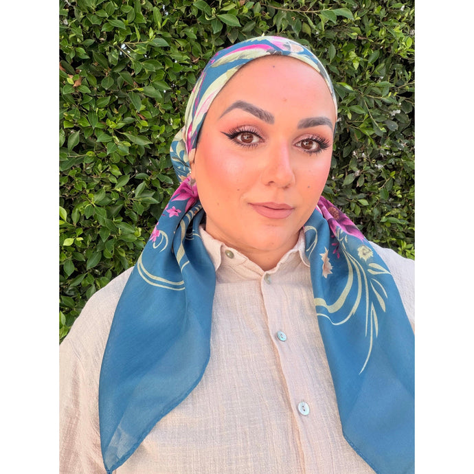 Burst of Floral Cotton Square Tichel - Teal-square-The Little Tichel Lady