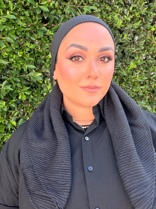 Pleated Solid Square Headscarf - Black-square-The Little Tichel Lady
