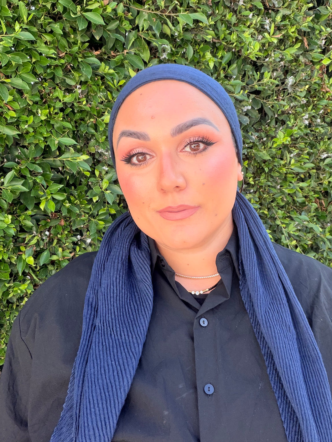Pleated Solid Square Headscarf - Navy-square-The Little Tichel Lady