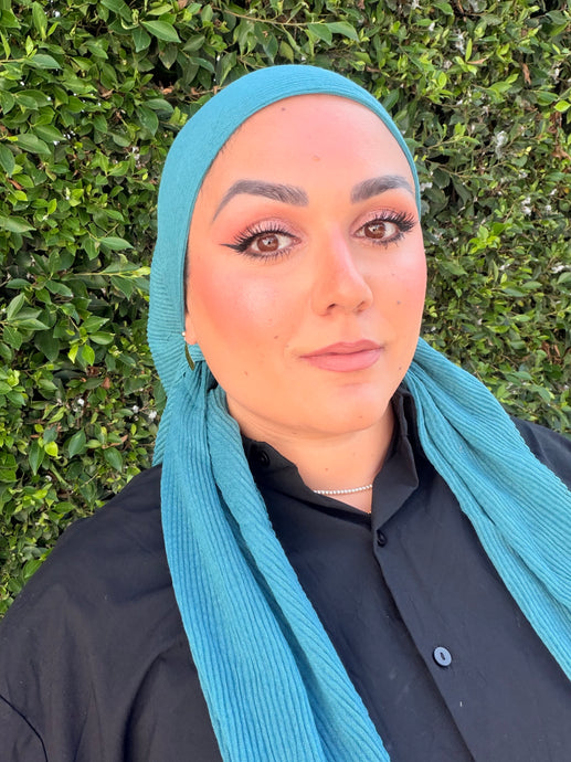 Pleated Solid Square Headscarf - Turquoise-square-The Little Tichel Lady