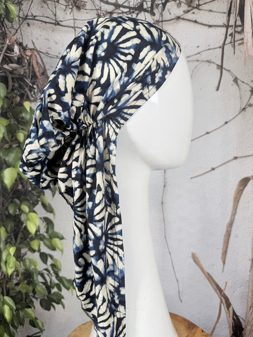 Stretchy Pretied Tichel - Navy Daisy Print-pretieds-The Little Tichel Lady