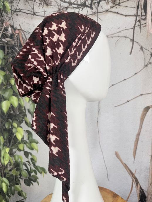 Stretchy Pretied Tichel - Textured Burgundy Houndstooth-pretieds-The Little Tichel Lady