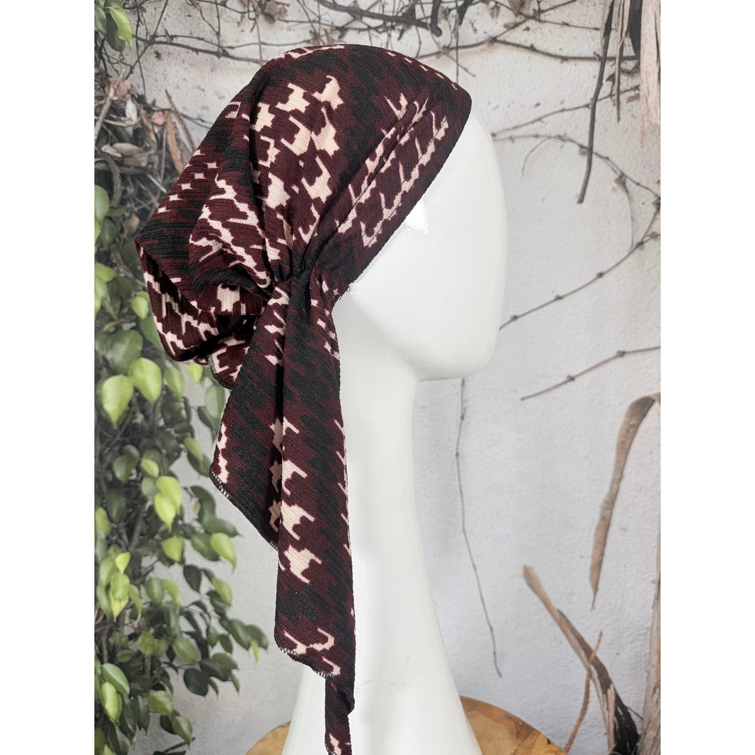 Stretchy Pretied Tichel - Textured Burgundy Houndstooth-pretieds-The Little Tichel Lady