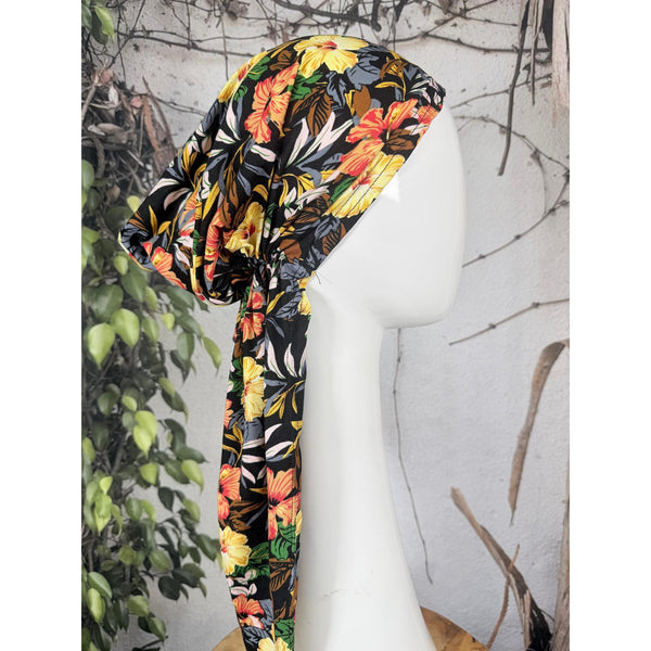 Stretchy Pretied Tichel - Black Floral-pretieds-The Little Tichel Lady