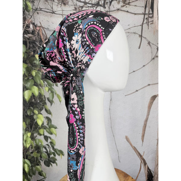 Stretchy Pretied Tichel - Black/Pink Floral Paisley-pretieds-The Little Tichel Lady